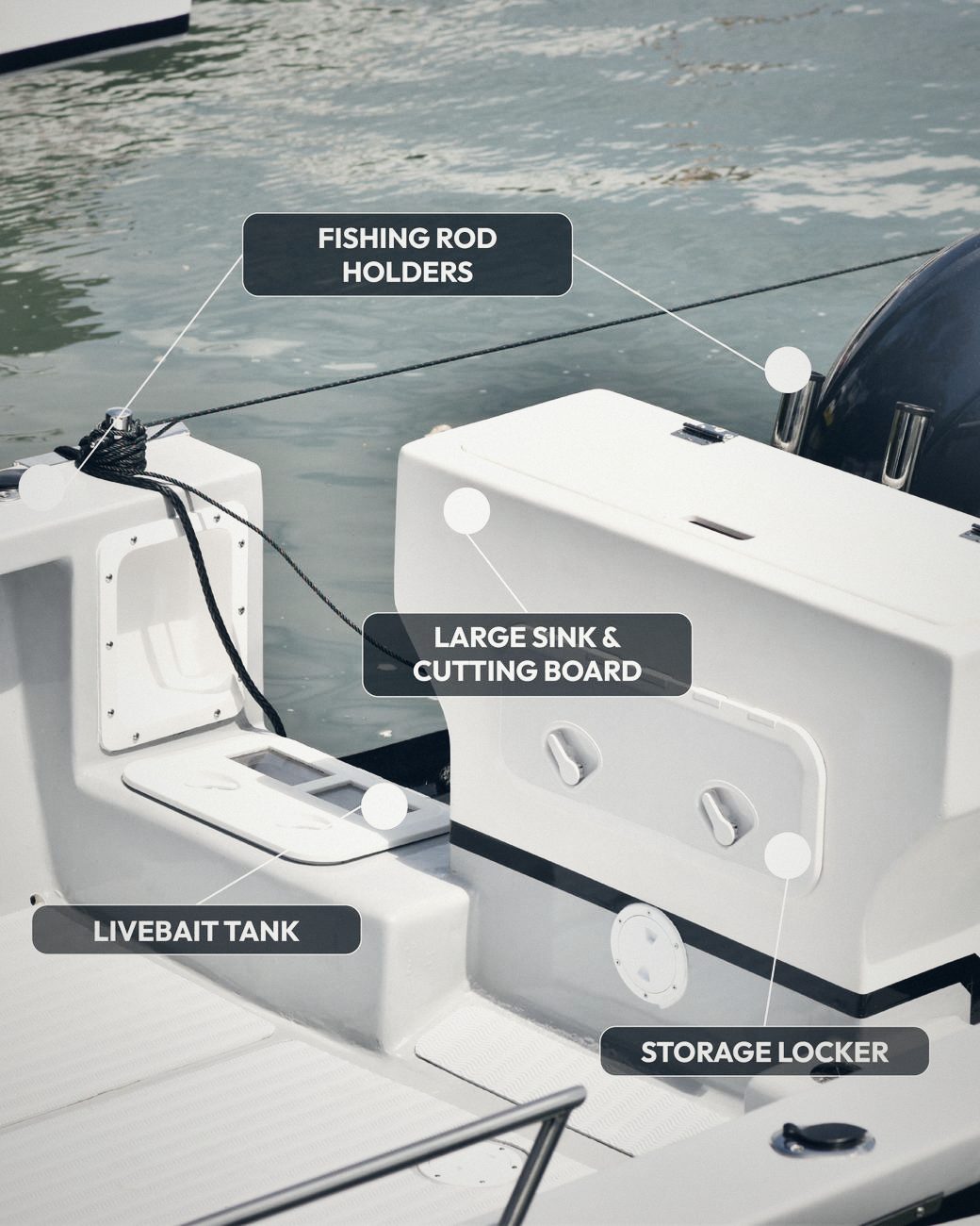 Aft cockpit with rod holders, large sink and cutting board, livebait tank and storage locker