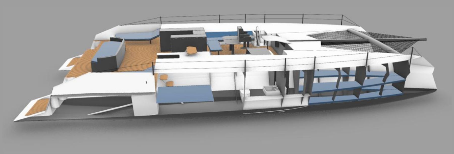 Cutaway render showing the cabins, saloon and flybridge